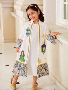 中东风情时尚优雅女童两件套：长袖薄款立领开衫外套+无袖长裙，适合日常穿着和正式场合。 - 白色 - 查看 5
