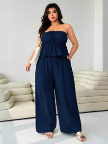 Solflare Bộ đồ 2 mảnh dành cho nữ cỡ lớn, áo hai dây bằng vải cotton lanh màu xanh navy, thích hợp cho kỳ nghỉ. - Màu xanh hải quân - Xem 3