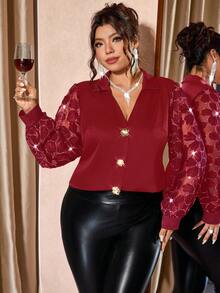 Cravure Plus Size Women Mesh Sleeve Gold Decor Button Shirt - Red - View 5