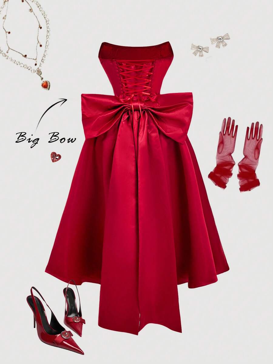 SHEIN MOD 缎面修身紧身中长连衣裙，带蝴蝶结装饰 - 紅色 - 查看 1