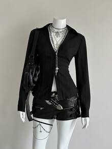 EgrlEra Women's Solid Color Regular Shoulder Long Sleeve Front Button Casual Shirt - Black - View 3