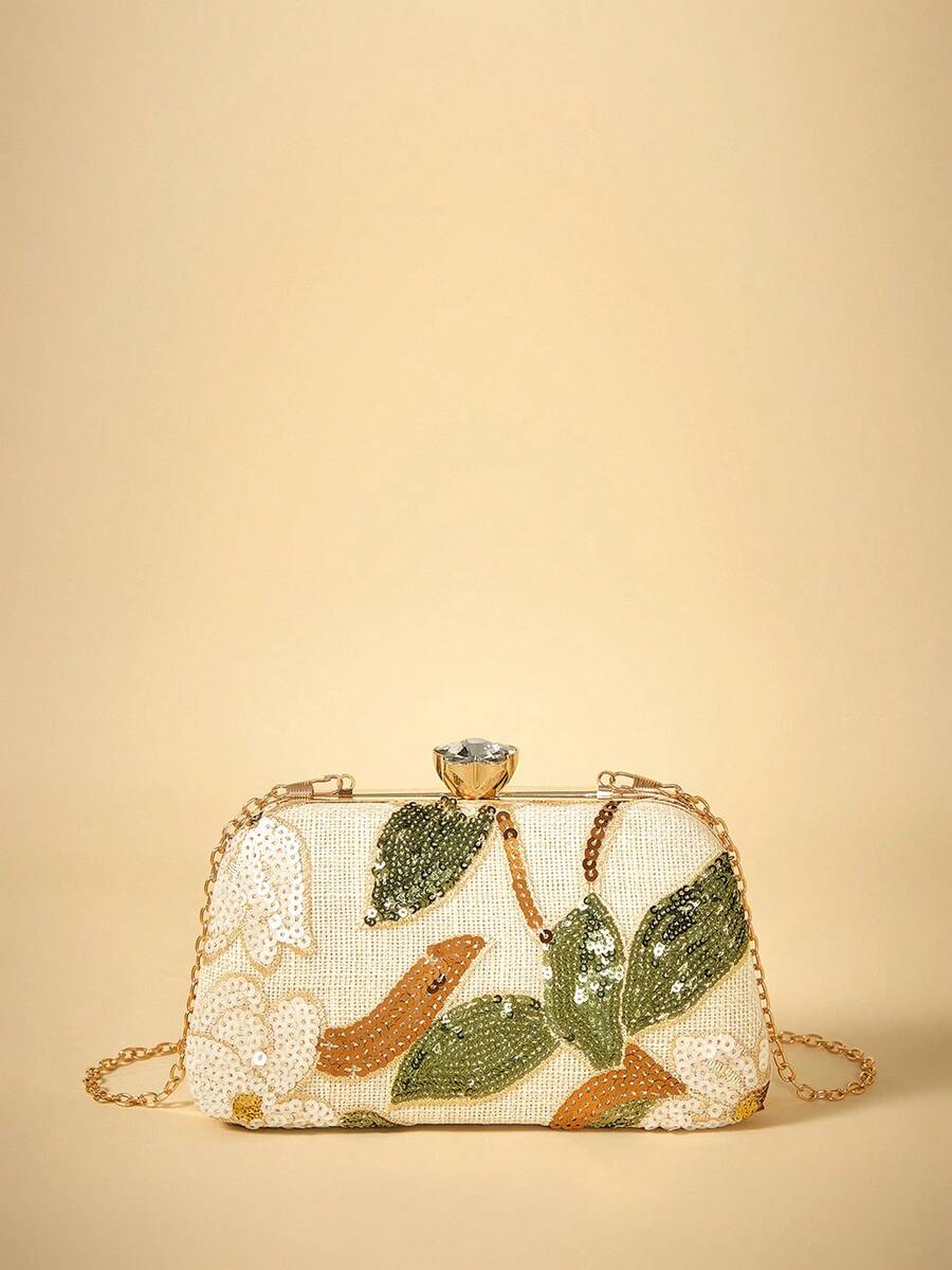 Travachic 1件新款花卉图案女士手提包，2025新款复古香槟色亮片刺绣花朵链条晚宴包，适合派对女孩、新娘、新婚夫妇和办公室女士，派对、婚礼，迷你盒包（图案随机），适合工作、出差、郊游、通勤 - 杏色 - 查看 1