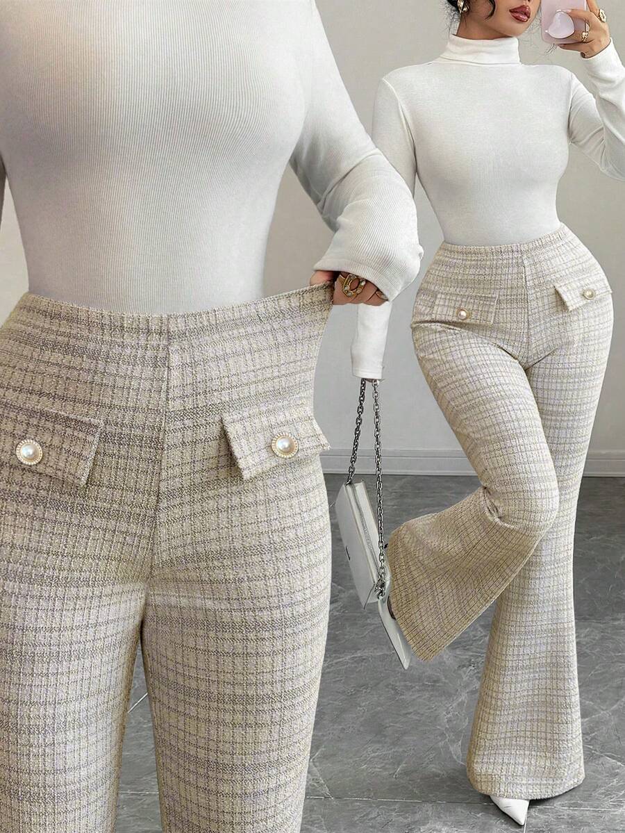 SHEIN Elenzya 2025 New Elegant French Style Blue Plaid Elastic Tweed Design Waist Cinching Slim Fit Pearl Button Elastic Waist Flared Casual Versatile Metallic Thread Holiday Autumn Women Pants - Brown - View 1