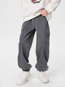 SHEIN 3pcs/Set Tween Boys' Casual Solid Cargo Pocket Drawstring Baggy Sweatpants, School, Campus, College Chic Autumn/Winter - Multicolor - View 3