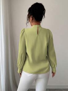 Modelyn 女士宽松泡泡珍珠领撞色拼接长袖衬衫 - 綠色 - 查看 2