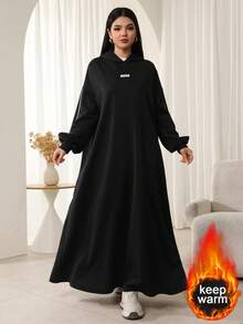 SHEIN Najma Women's Hooded 2 In 1 Ribbed Long Sleeve Flared Arabian Dress - Black - View 4