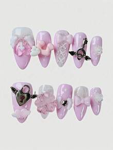 ROMWE Anime 10pcs Y2K Retro Star, Polka Dot, Striped, Pop Art, Grunge, Music Note Decorative False Nails, Handmade, Suitable For College, Music Festivals, Dates, Etc. - Pink - View 1