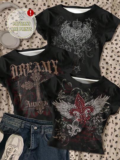 SHEIN 3 件套垃圾朋克哥特式心形翅膀十字架印花黑红配色修身短袖 T 恤，适合夏季、运动、健身、啦啦队