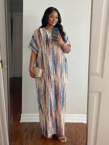 SHEIN CURVE+ Spring And Summer Autumn And Winter Elegant Navy Blue Woven Notched Kaftan Dress Plus Size Dresses - Multicolor - View 8