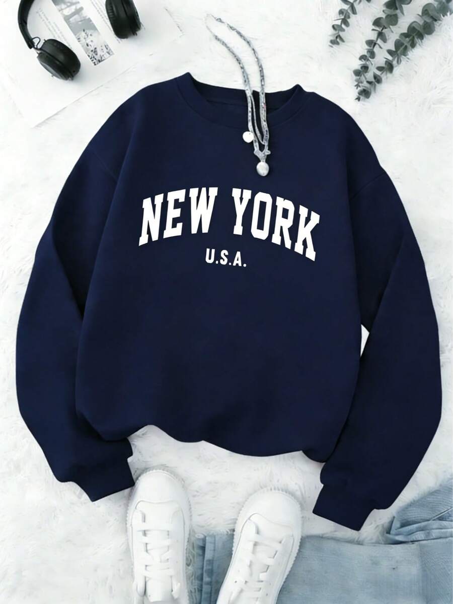 Capucha, algodón de manga larga, estampado NYC City College estudiantes ocio y estética deportiva Ciudad fría, cómoda, cálida y cálida ropa deportiva moderna para jóvenes - Azul marino YA54 - Ver 1