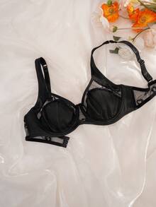 Comfortable Underwire Lace Patchwork Thin Underwear - Black - View 1