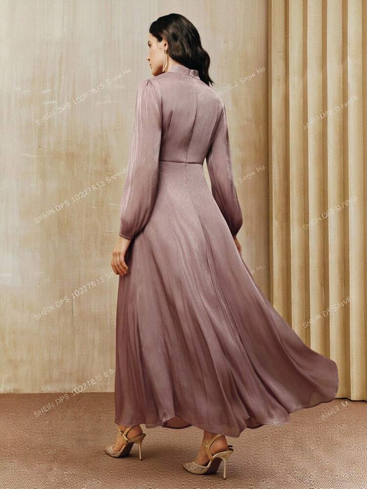 Robe Anewsta à col montant élégant, manches lanternes, décoration de perles, taille plissée, coupe évasée, automne/hiver