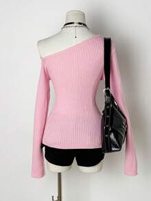 EgrlEra Women's Minimalist & Sweet Blue Asymmetrical Shoulder Long Sleeve Zip-Up Crew Neck Cardigan Knit Sweater, Autumn/Winter Pink Sweater Pink Long Sleeve Top Baby Pink Top Pink Cardigan Pink Y2k Top - Pink - View 2