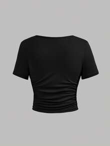 SHEIN Girlism Tween Girl Slim Fit Casual Knit Solid Color Crew Neck Ruched Short Sleeve T-Shirt 3-Piece Set KIDS - Navy Blue - View 10