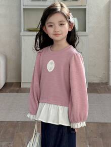 DAZY Sudadera casual de estilo coreano con cuello redondo y parches para niñas jóvenes, de manga larga - Rosa - Ver 4