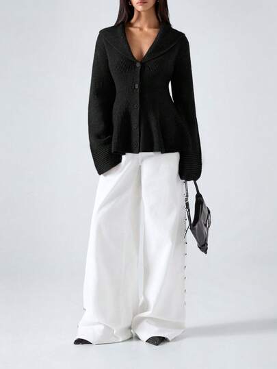 LYSMO New Minimalist Black Solid Color Long Sleeve Single-Breasted Ruffled Hem Knit Cardigan, Spring/Summer Black Button Cardigan, Fashionable For New Year And Christmas, Spring