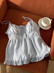 SHEIN EZwear 女士夏季格紋蕾絲背心，襯有褶邊 - 彩色 - 查看 6