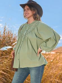 Boho Mama Autumn Green Lantern Sleeve Loose-Fitting Cotton-Lined Maternity Top With Lace Trim - Bohemian Casual Maternity Top - Green - View 9