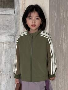 DAZY Chaqueta de manga larga con cuello vuelto y bloques de color para niñas, otoño y primavera - Verde militar - Ver 6