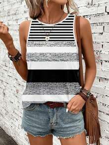 SHEIN LUNE Casual Minimalist Striped Pattern Women Tank Top, Suitable For Autumn/Winter Spring Beach - Multicolor - View 6
