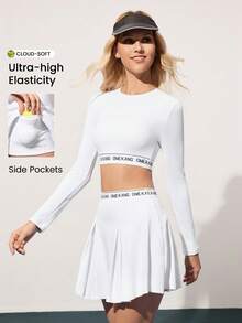 CourtClass Women's Sports Tennis Shirt, Elastic Angel Season Letter Tape Badminton Shirt, Yoga Shirt, Long Sleeve Activewear - White - View 1