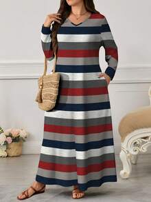 Lacomfia Women's Retro Striped Digital Print Casual Round Neck Long Sleeve Pocket Maxi Dress, Fashionable & Elegant - Multicolor - View 3