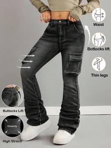 Tween Girls' Pocketed Button Utility Casual Flare Pants, Versatile For Daily Wear - Black - View 2