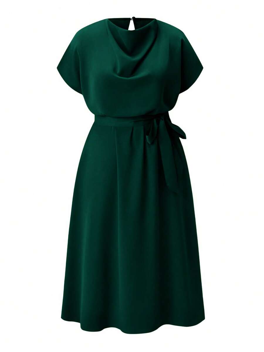 DreamSkyne 大码女式蝙蝠袖连衣裙，船领设计，圣诞节长款女装 - 墨綠色 - 查看 1
