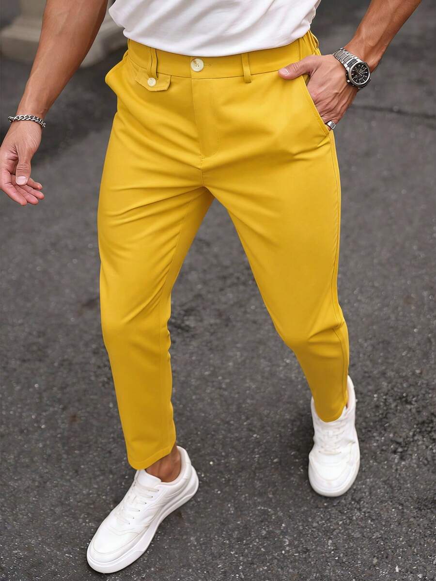 Calvornis 男士纯色口袋直筒休闲/商务西装裤 - 黃色 - 查看 1