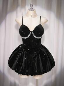 SHEIN ICON Robe moulante en velours à fleurs avec strass pour femmes grandes tailles - Noir - Voir 4