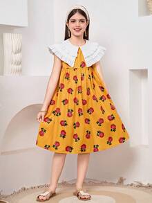 SHEIN Tween Girl Golden Yellow Rose Floral Print Patchwork Ruffle Collar Sleeveless A-Line Dress,Summer Elegant Party Girls Matching Outfits Sisters Style - Yellow - View 5