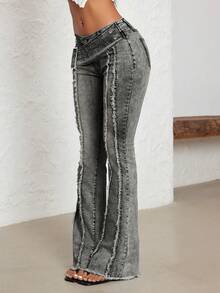 Jeanoix Wide Waistband Eyelet Flare Leg Low Rise Jeans