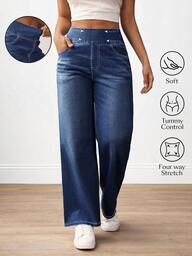 Flexra Damskie jeansy Plus Size, codzienne, do pracy, uniwersalne, z wysokim stanem, wygodne, z paskiem i kieszeniami ukośnymi, z prostymi nogawkami