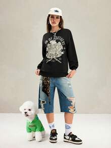 TEENAGE MUTANT NINJA TURTLES | SHEIN 女式休闲卡通圆领长袖图案黑色卫衣，秋冬 - 黑色 - 查看 3