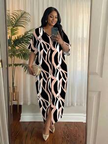 SHEIN Lady 休闲假日风撞色条纹图案加大码V领长袖纯色拼接宽松休闲连衣裙睡袍