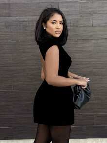 Alexandranx Đầm ngắn hở lưng cổ đứng tay lửng phong cách Old Money mùa xuân thanh lịch, dễ thương Ibiza mùa thu buổi tối đi chơi sinh nhật, buổi tối đi chơi, buổi tối hẹn hò, phong cách Grunge Giáng sinh Lễ tạ ơn sang trọng - màu đen - Xem 6