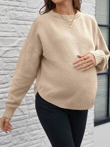 SHEIN Pull ample décontracté à manches longues, col rond, épaules tombantes, couleur unie, pour femmes enceintes - Nude - Voir 3