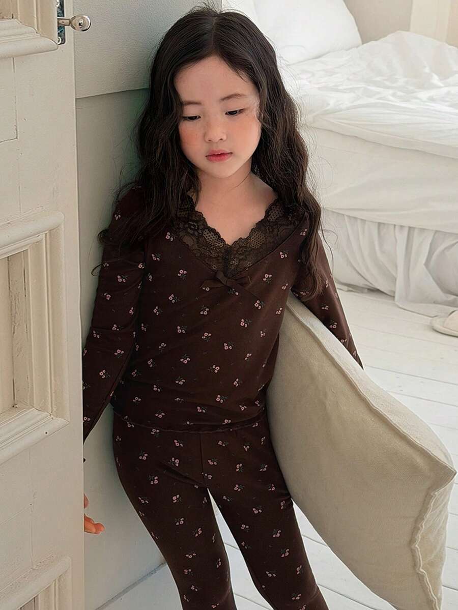 DAZY 女童碎花上衣和裤子睡衣套装 - 棕色 - 查看 1