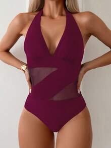 SHEIN Swim Basics 女士纯色撞色网纱性感时尚挂脖连体泳衣 - 酒紅色 - 查看 4