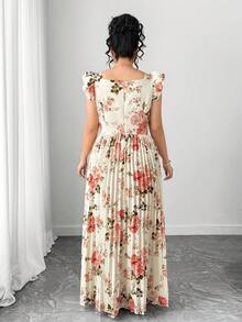 SHEIN Tall CURVE 大码女式印花方领短袖褶裥下摆优雅连衣裙 - 彩色 - 查看 2