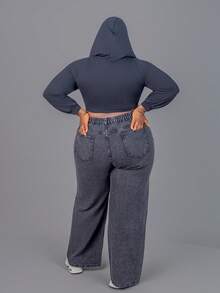 CurvyTilda Plus Lace Up Front Cutout Hoodie Winter Fall Autumn, For Hourglass Body Shape - Black - View 4