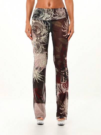 SUMWON WOMEN 龙纹网纱折叠腰带低腰喇叭裤，配以薄纱拼接和东方图案