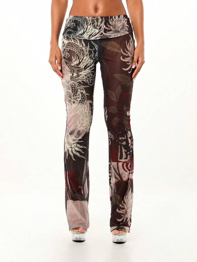 SUMWON Pantalon évasé à taille basse avec bandes transparentes et motifs orientaux, avec imprimé dragon sur le filet plissé