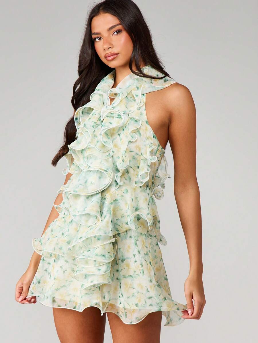 MISSGUIDED Đầm ngắn cổ yếm họa tiết hoa với chi tiết bèo nhún và thiết kế hở lưng, thích hợp cho các lễ hội mùa hè. - Màu vàng - Xem 1