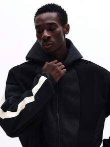 SUMWON 男士休闲黑色拉链连帽衫，白色侧条纹，宽松版型，拼接设计，纯色 - 黑色 - 查看 4