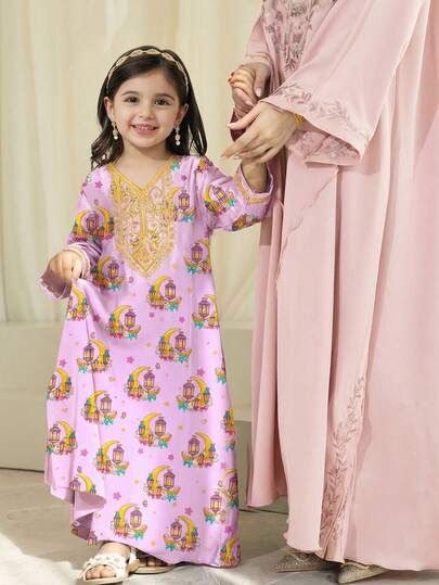 Lilac Ahlam Prayer Abaya, Floral Kids Jalabiya, Cute Cartoon Star & Moon Print, Bow Pattern Printed, Young Girls Casual Loose V-Neck Long Sleeve Traditional Arabic Dress Suitable For Spring/Summer, Elegant Long Sleeve Maxi Dress, Kids Prayer Abaya, Easy Comfort, Casual Wear, Modest Kaftan, Kids Jalabiya, New Style