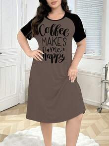SHEIN Plus Size Casual English Letter Print Contrast Color Raglan Sleeve Nightgown - Mocha Brown - View 6