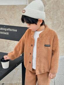 SHEIN 2pcs Boys Casual Fleece Long Sleeve Jacket And Pants Set - Khaki - View 5