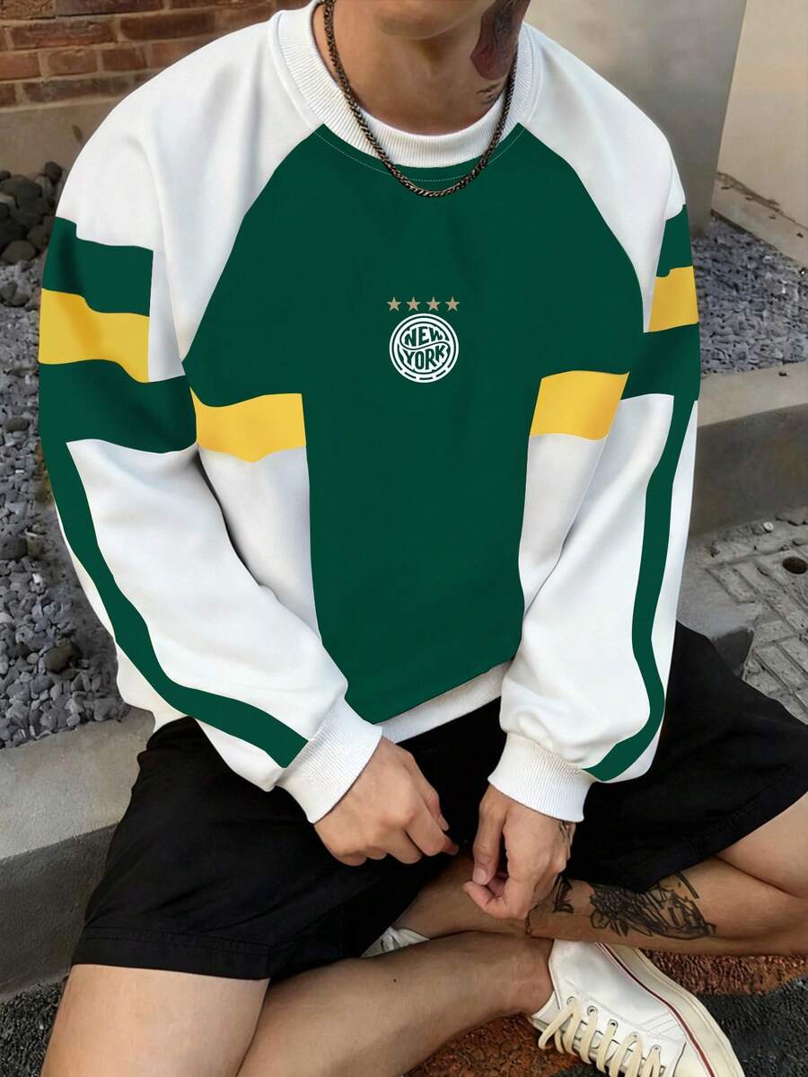 Manfinity Campus Court 美学帖——男士插肩袖运动休闲撞色套头卫衣,男士运动服,运动套装,短款学院风,宽松 - 彩色 - 查看 1