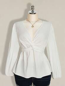 SHEIN ICON Plus Size Women Twist Knot Textured Black Lantern Sleeve Top - White - View 6